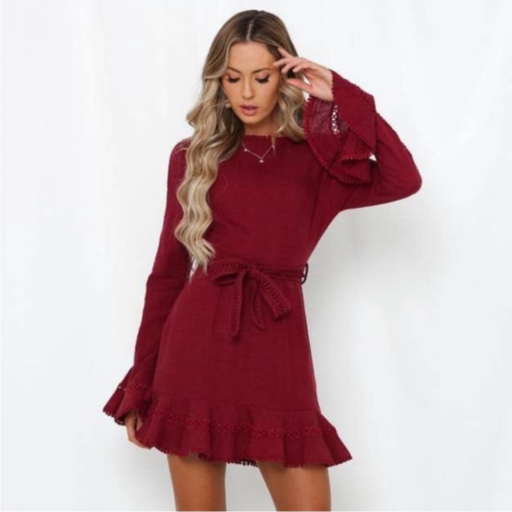 SAINTS + SECRETS Follow My Lead Maroon merlot red Linen Flare Sleeves Dress L